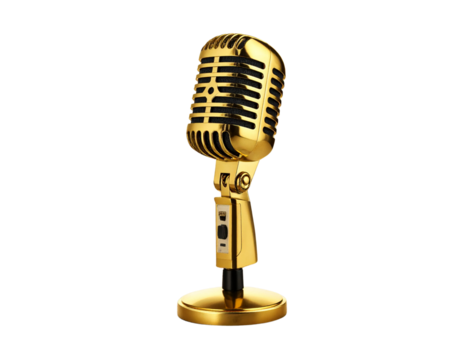 Old School Gold Microphone on Wooden Stage with Red Curtain Backdrop isolated on transparent background PNG