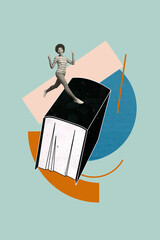 Composite sketch image design trend artwork collage of poster education textbook study library young lady run smile stand book knowledge
