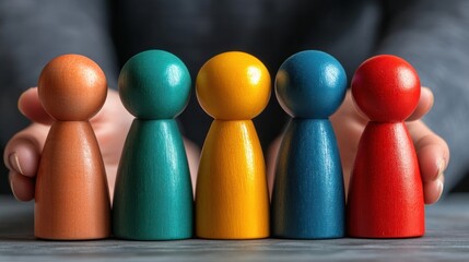 Naklejka premium Hands holding colorful wooden figures, teamwork concept, diverse group