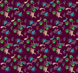 Beautiful seamless pattern with tulips, lilies, tiny flowers and paisley on a burgundy background with small black polka dots. Ethnic print for fabric. Floral embroidery.