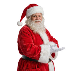 Cheerful santa claus extending hand gesture with traditional red costume in dark background