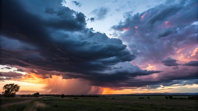 Dramatic sunset storm clouds over open field