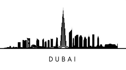 Obraz premium A minimalist black silhouette of the Dubai skyline against a pure white background, featuring the Burj Khalifa as the tallest structure in the center, with 