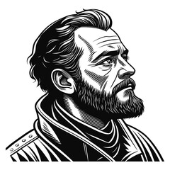 high contrast black and white portrait illustration, detailed facial features, chiseled jawline, tousled hair, stern expression, serious look, dramatic lighting, dark shadows, cinematic style
