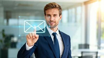 Business professional tapping virtual email icon in modern office, digital communication and customer outreach concept for corporate messaging and technology workflow - Powered by Adobe