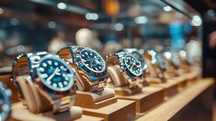 Display case filled with luxury watches, blurred watches in the background, elegant store interior, high-end shopping scene, copy space