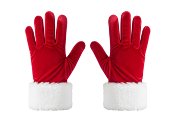 Pair of Red Santa Gloves with White Fur Trim isolated on a transparent background Christmas red gloves