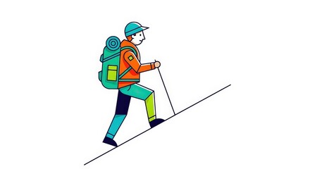 Fototapeta premium A cartoon hiker with a large backpack and trekking pole walking up a steep hill.