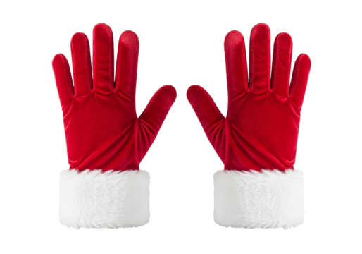 Pair of Red Santa Gloves with White Fur Trim isolated on a transparent background Christmas red gloves