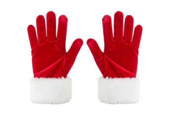 Pair of red velvet Santa gloves with white fur trim isolated on a transparent background Christmas
