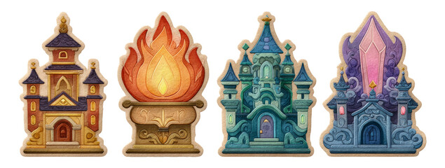 Colorful Fantasy Castle and Flame Icons on Transparent Background