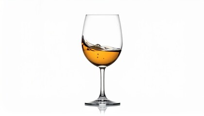 A wine glass with amber liquid, showcasing motion against a white background. Perfect for beverage and lifestyle themes.