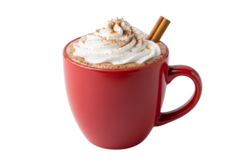 Red mug filled with hot chocolate topped with whipped cream and cinnamon sticks isolated on a transparent background