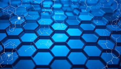 Hexagons pattern on blue background. Genetic research, molecular structure. Chemical engineering. Concept of innovation technology. Used for design healthcare, science and medicine background.