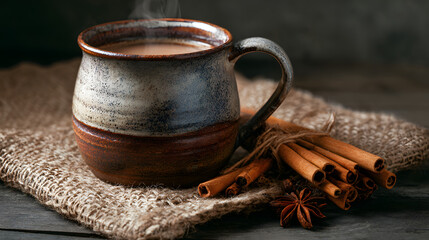 Chai tea in a rustic mug with cinnamon sticks