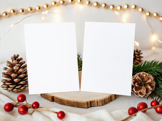 Christmas Card Mockup – Two 5x7 Vertical Invitations on Wood Slice with Pinecones and Garland