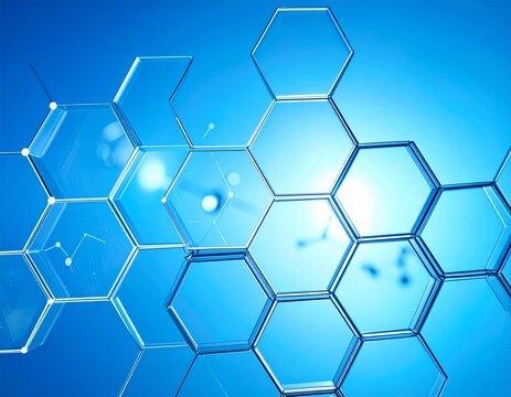 Hexagons pattern on blue background. Genetic research, molecular structure. Chemical engineering. Concept of innovation technology. Used for design healthcare, science and medicine background. - Powered by Adobe