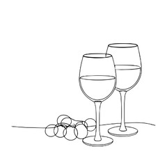 Two wine glasses with grapes in minimalistic line art style  
