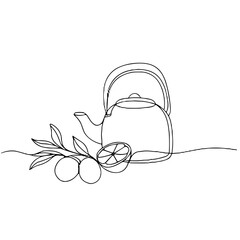 Minimalist line drawing of kettle with citrus fruits and leaves  