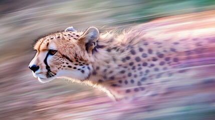 A dreamy cheetah captured in abstract motion, with pastel streaks of color and soft gradient effects surrounding its form.