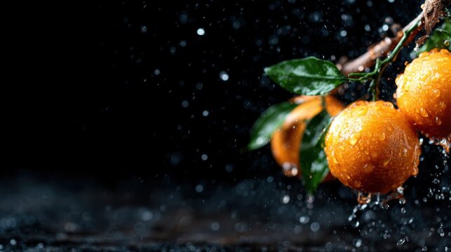 Juicy and vibrant oranges hang from a branch, glistening with water droplets as rain splashes around them. This image captures the essence of freshness and vitality in nature.