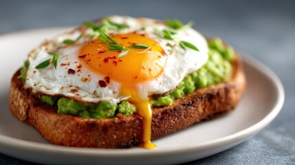 A mouthwatering image showcasing avocado toast topped with a perfect egg, representing a healthy lifestyle choice that combines taste and nutrition in a single dish.