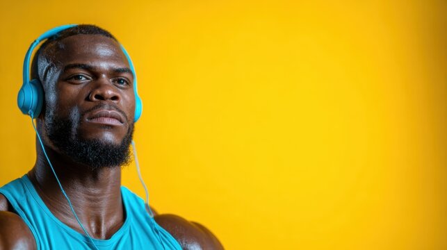 A determined athlete wearing headphones, portrayed in a gym setting with vibrant colors, epitomizing focus and motivation during fitness training and self-improvement.
