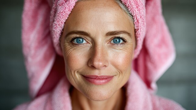 A close-up portrait of a radiant woman with blue eyes and a joyful smile, wrapped in a towel, exuding warmth and confidence in a serene indoor space.