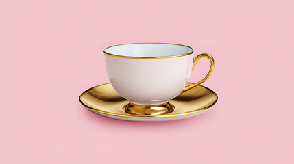 Elegant tea cup on a gold-rimmed saucer, center aligned with empty pastel background around it