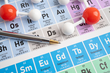 Molecules chemical on a periodic table background. © kanruthai