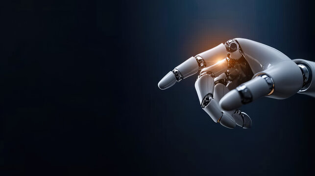Robotic hand demonstrating artificial intelligence innovation and digital transformation, representing advanced machine learning, neural networks, and future technology interaction