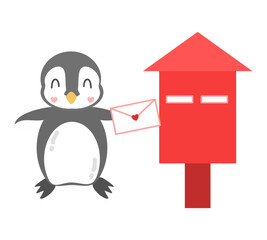 Cute Penguin Sending a Love Letter to a Red Mailbox, created by hand drawn