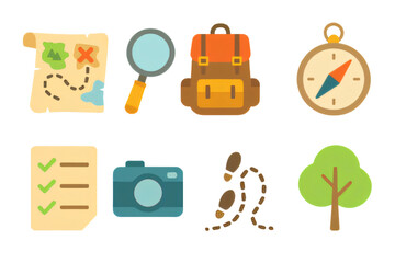 Adventure awaits! Explore the outdoors with map, compass, and backpack ready