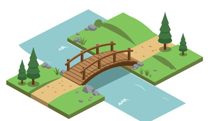 Isometric wooden bridge over river in nature landscape with trees and pathways