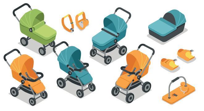 Isometric baby strollers and accessories collection in vibrant colors
