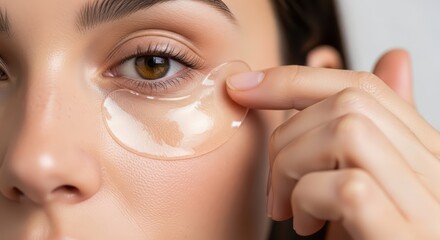 Woman applying under eye patch for facial care. Cosmetic treatment for anti aging skin. Beauty and personal wellness close up.