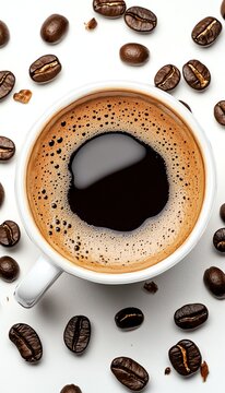 Top view of a steaming cup of rich coffee surrounded by scattered coffee beans on a white background.