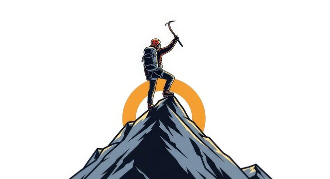 Mountaineer on a peak with ice axe, celebrating success.