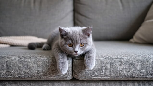 Relaxing gray cat on cozy couch indoor living room pet photography comfortable environment close-up perspective - Powered by Adobe