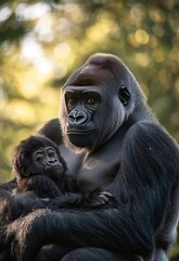Obraz premium A family of gorillas clings to a small patch of forest, their numbers dwindling as the forest around them is cleared for agricultural expansion. Stock