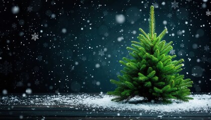 Green Christmas tree on a dark snowy background with glowing snowflakes, designed as a festive mobile wallpaper or screensaver in high-definition resolution. Perfect for seasonal branding and decor.