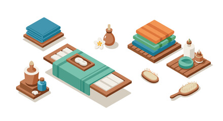 Isometric spa objects: towels, oils, and brushes for relaxation and wellness