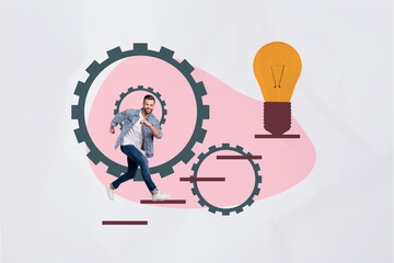 Banner 3d art pop image collage of happy businessman businesswoman climb ladder gearwheel light bulb idea finding progress