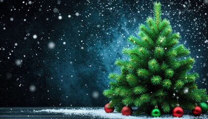 Green Christmas tree on a dark snowy background with glowing snowflakes, designed as a festive mobile wallpaper or screensaver in high-definition resolution. Perfect for seasonal branding and decor.
