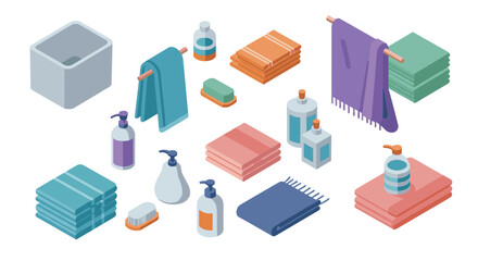 Obraz premium Isometric bathroom essentials collection with towels, soaps, and dispensers