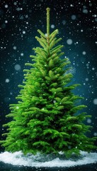 Green Christmas tree on a dark snowy background with glowing snowflakes, designed as a festive mobile wallpaper or screensaver in high-definition resolution. Perfect for seasonal branding and decor.