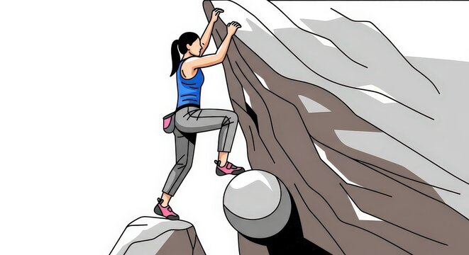 A woman in athletic wear is rock climbing on a large rock face, demonstrating strength and agility.