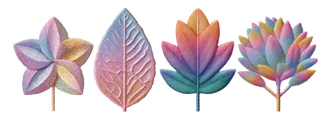 Vibrant Isolated Leaves with Colorful Patterns on Transparent Background