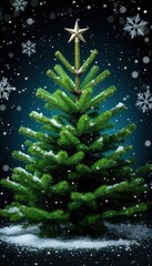 Green Christmas tree on a dark snowy background with glowing snowflakes, designed as a festive mobile wallpaper or screensaver in high-definition resolution. Perfect for seasonal branding and decor.