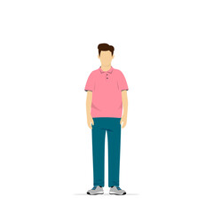 Illustration of a guy wearing gray sneakers flat design blue pants pink shirt